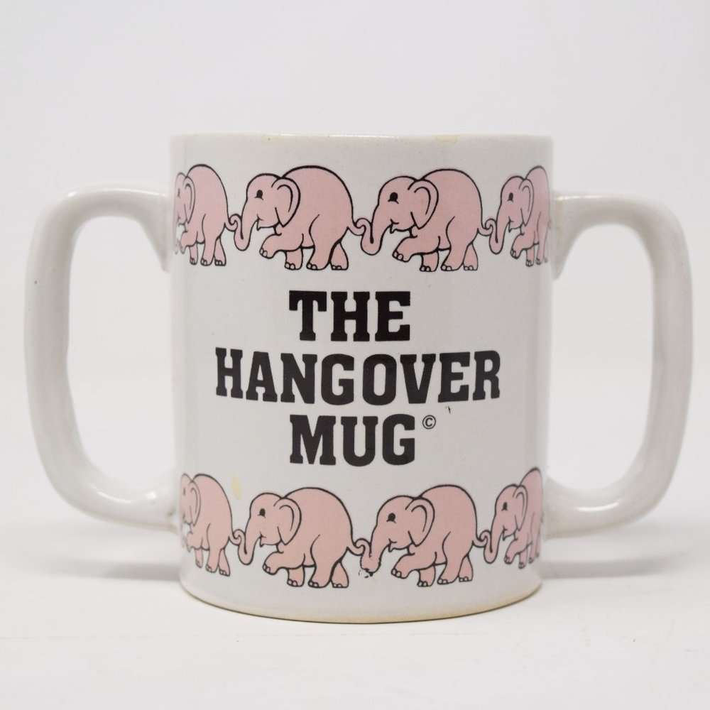 Vintage Hangover Mug Double Handle Pink Elephants Korea 1983 Chadwick Miller Gag